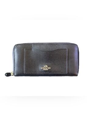 Coach Black Leather Zip-Around Wallet with Gold Logo